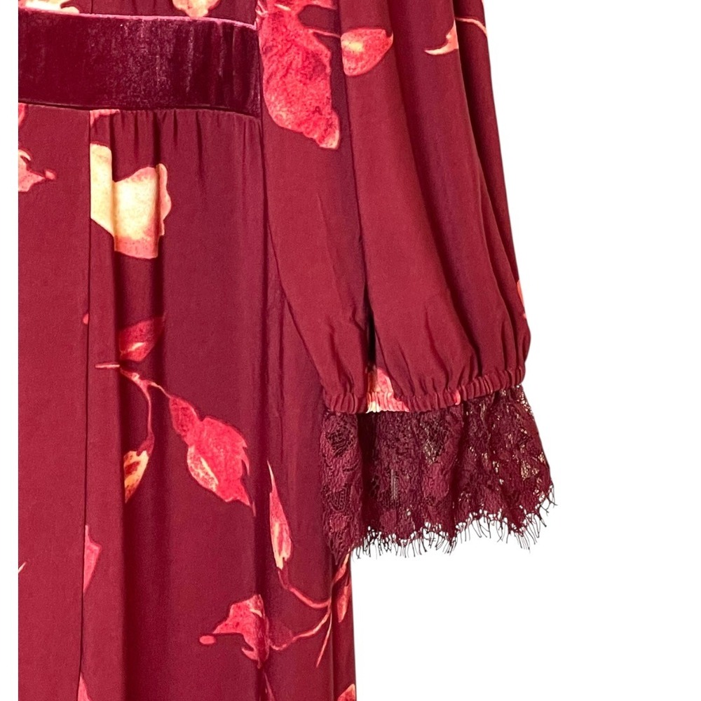 Susan Graver Floral Midi Dress‎ Womens XL Burgundy Velvet Trim Lace Cuff - Picture 11 of 14
